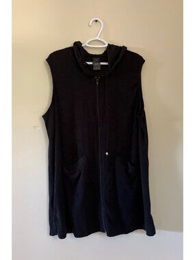 Catalina Womens 1X (16W) Black Hooded Full Zip Sleeveless Cover Up Terry Cloth